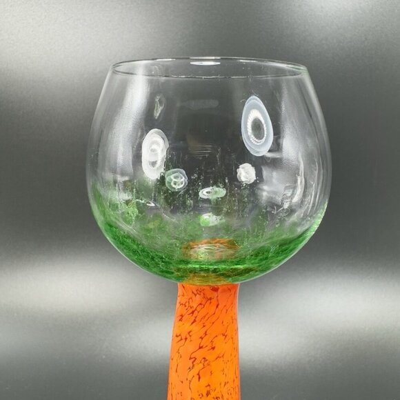 Vintage Bohemia Art Glass Cup Goblet Stem BarWare Multicolor Orange Green Stem - Picture 2 of 10